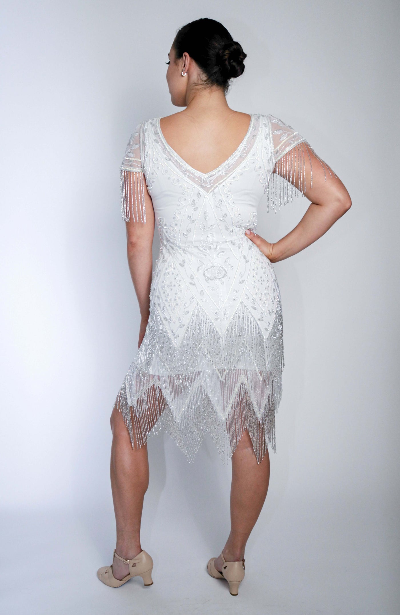 Celeste Art Deco Beaded Dress in White by WardrobeShop