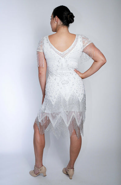 Celeste Art Deco Beaded Dress in White by WardrobeShop