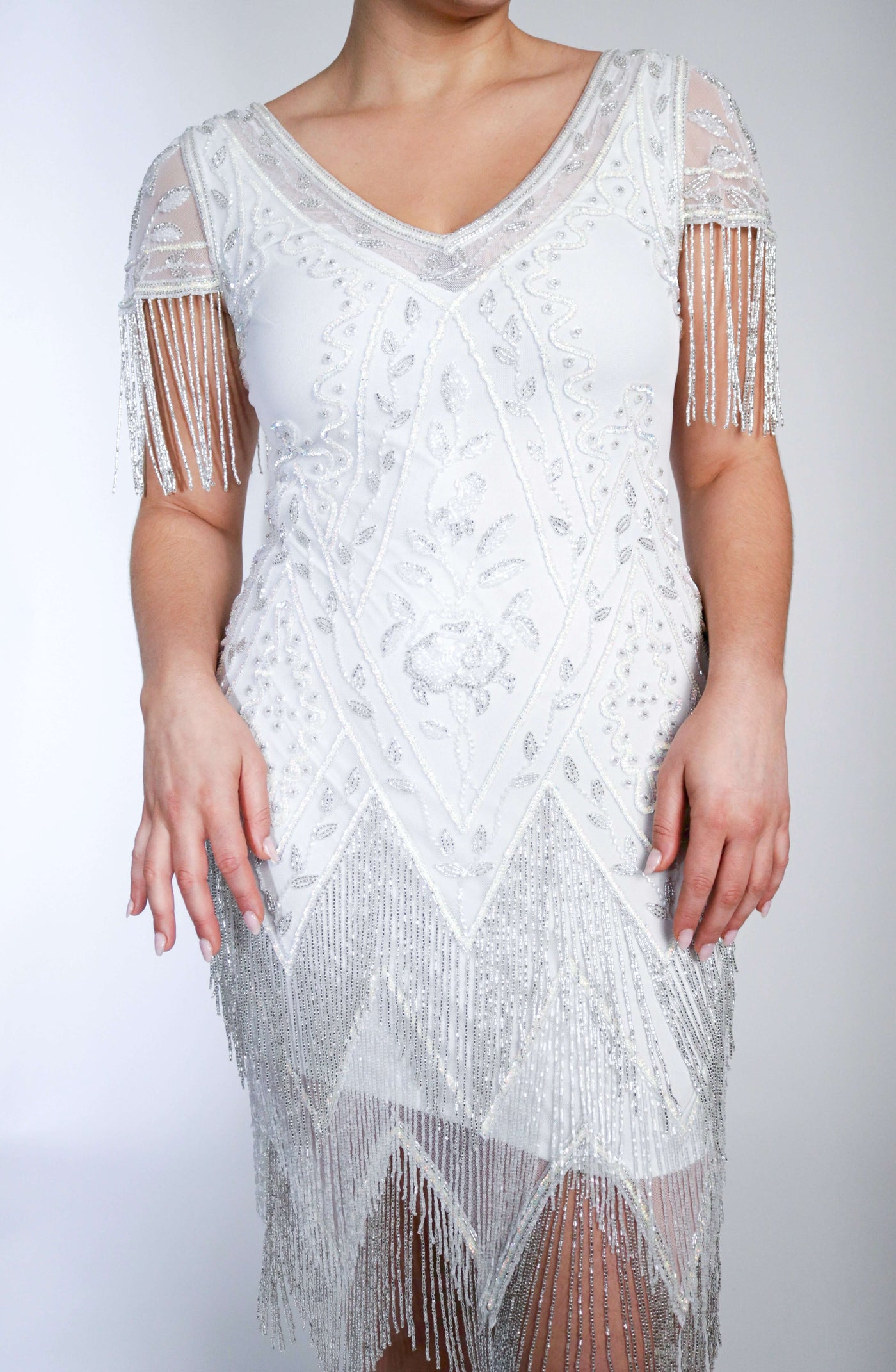 Celeste Art Deco Beaded Dress in White by WardrobeShop