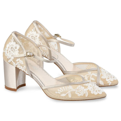 Chelsea Lace Wedding Block Heels in Nude by Bella Belle Shoes