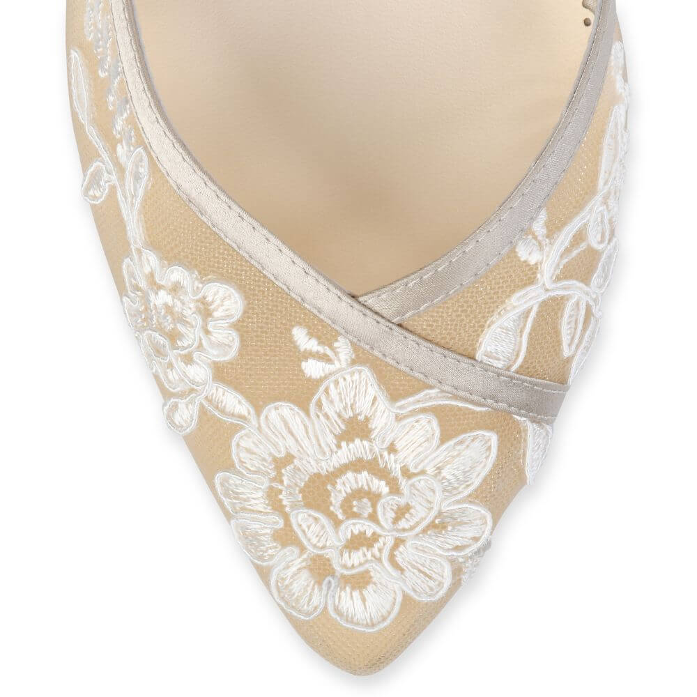 Chelsea Lace Wedding Block Heels in Nude by Bella Belle Shoes