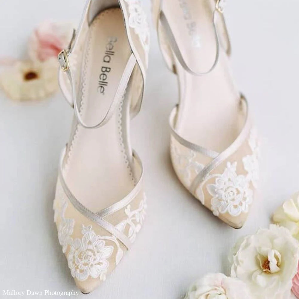 Chelsea Lace Wedding Block Heels in Nude by Bella Belle Shoes
