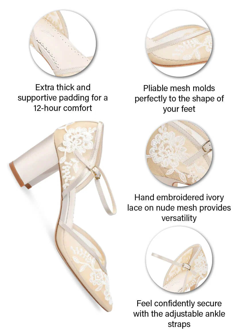 Chelsea Lace Wedding Block Heels in Nude by Bella Belle Shoes