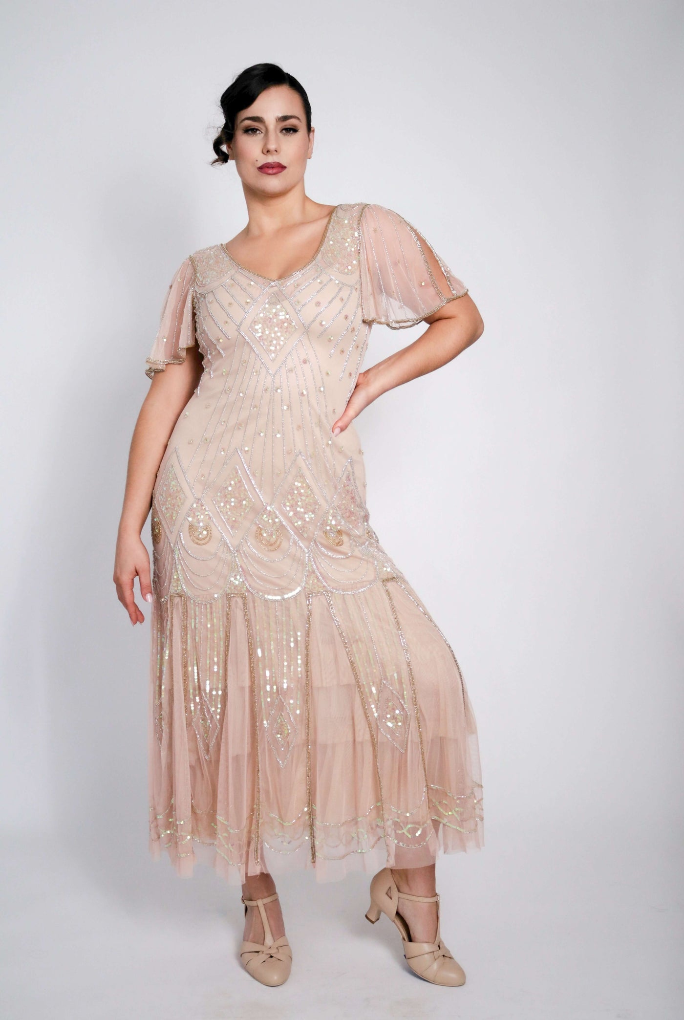 Colette Deco Beaded Dress in Nude Blush-Skin by WardrobeShop