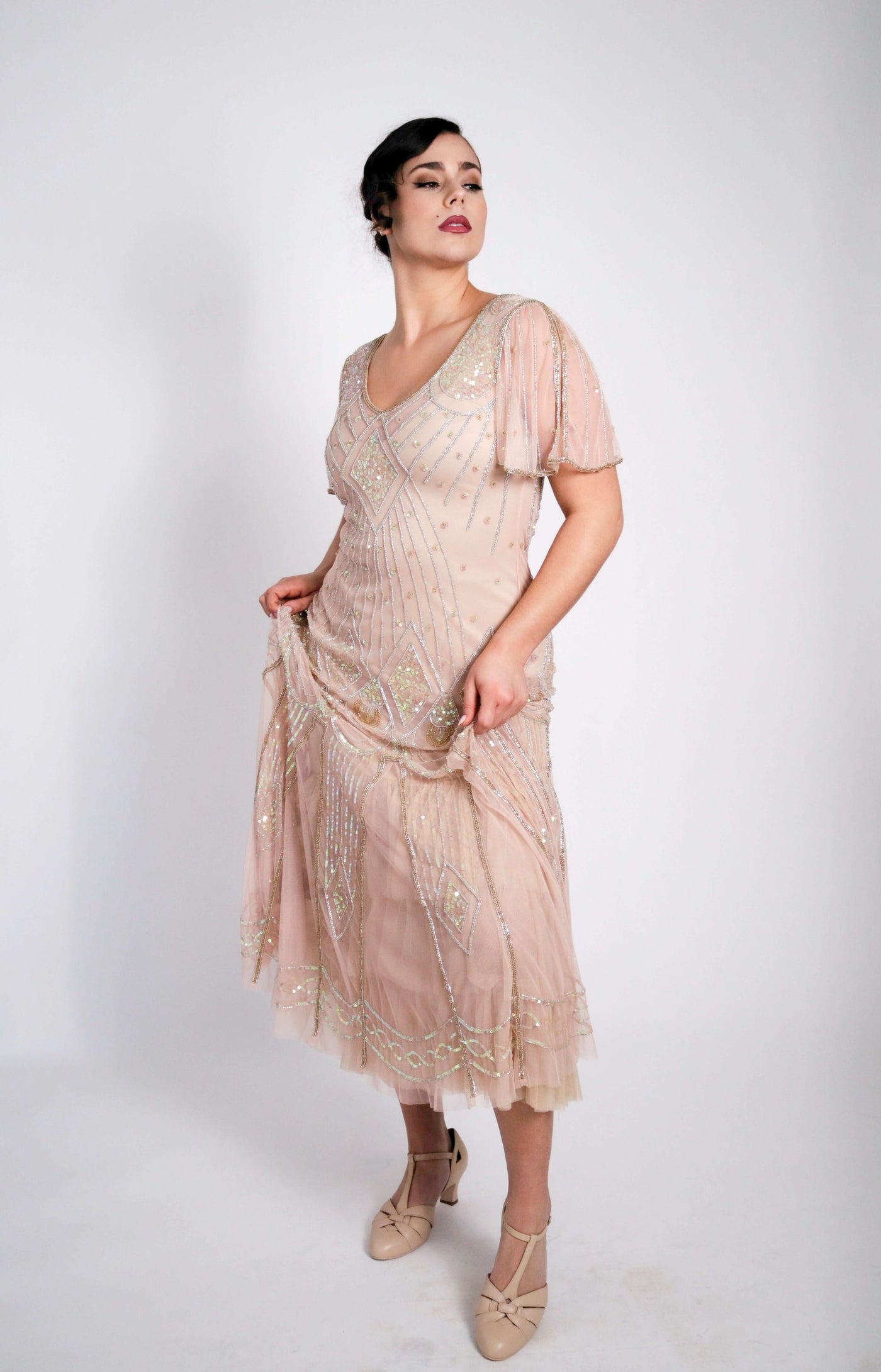 Colette Deco Beaded Dress in Nude Blush-Skin by WardrobeShop