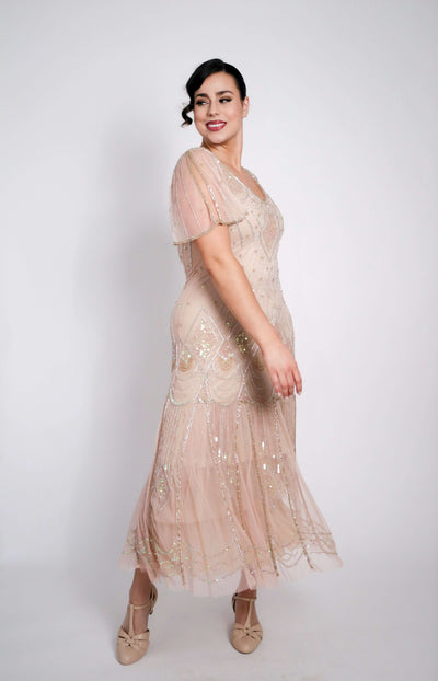 Colette Deco Beaded Dress in Nude Blush-Skin by WardrobeShop