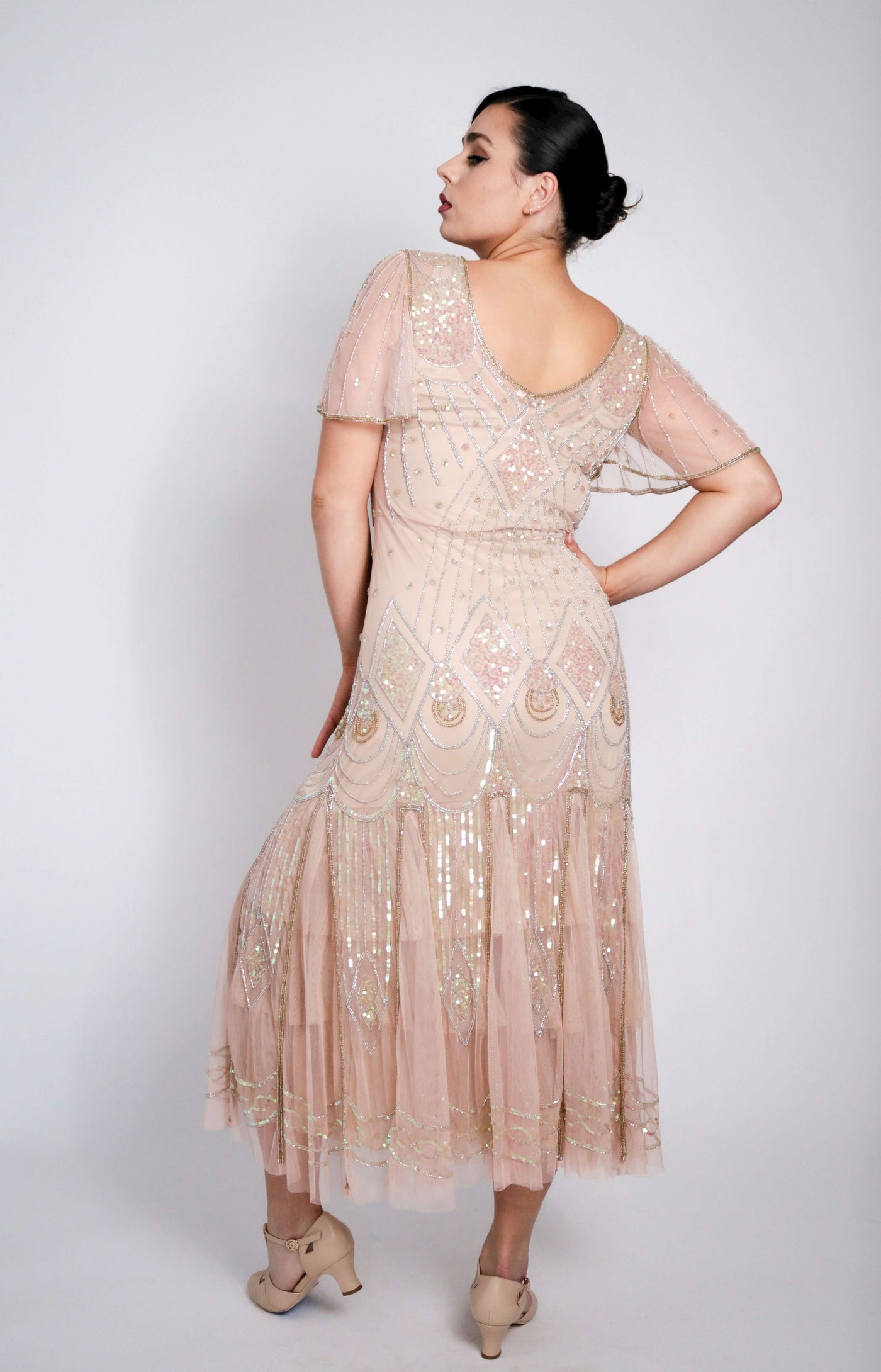 Colette Deco Beaded Dress in Nude Blush-Skin by WardrobeShop