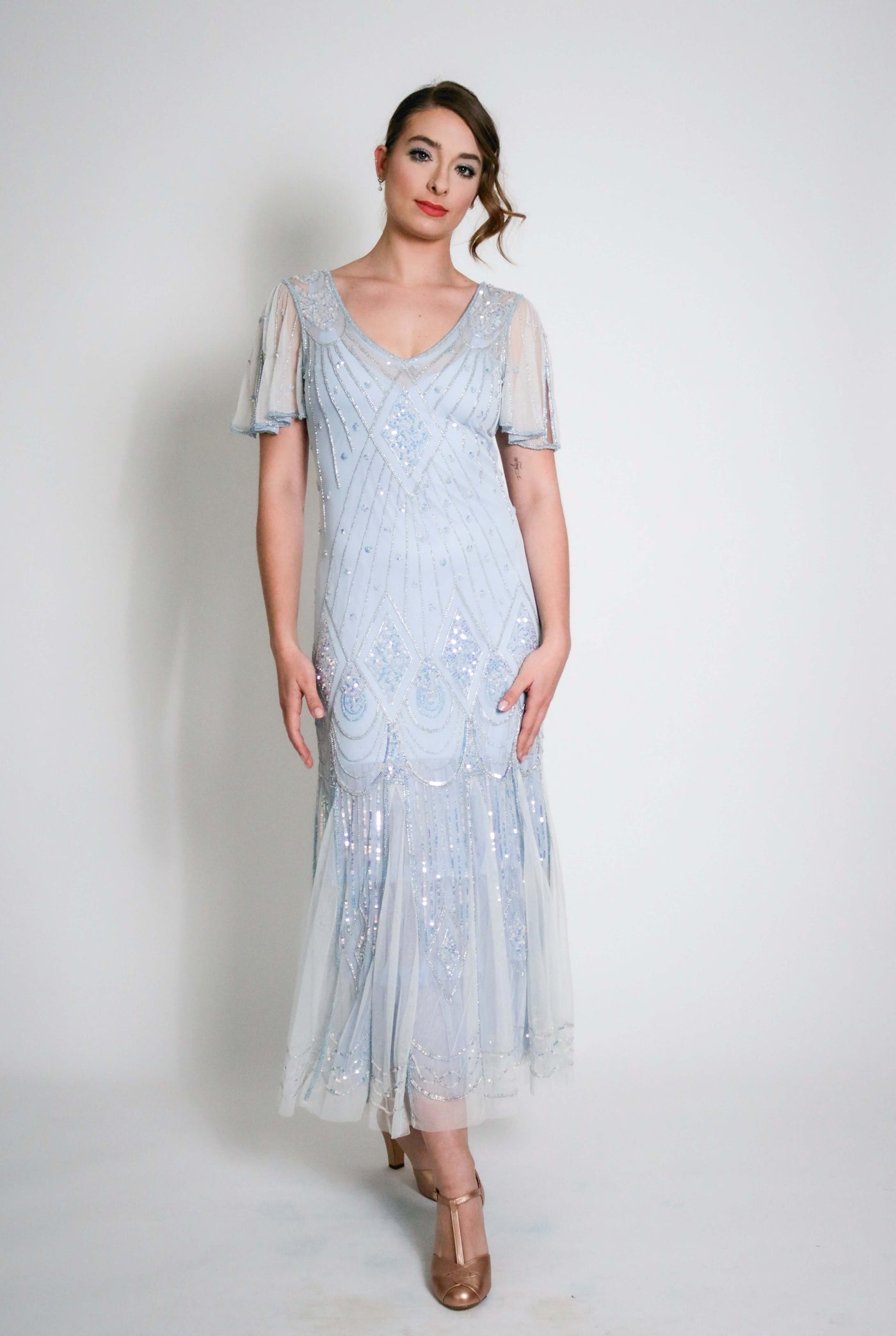 Colette Deco Beaded Dress in Powder Blue by WardrobeShop