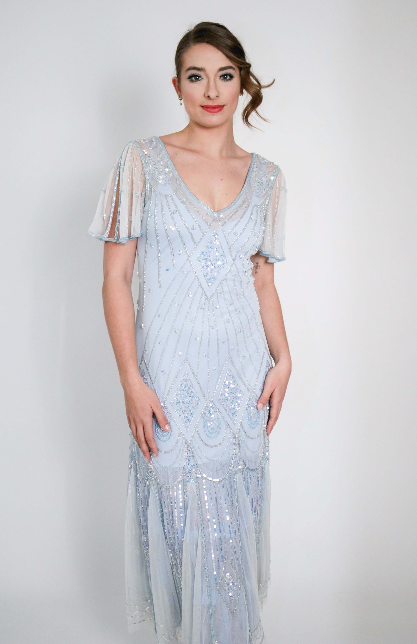 Colette Deco Beaded Dress in Powder Blue by WardrobeShop