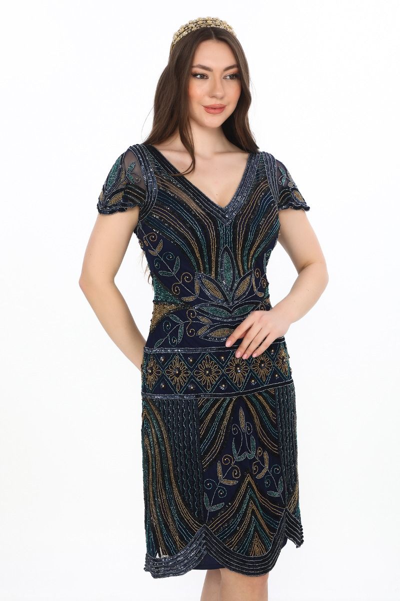 Dora Art Deco Beaded Cocktail Dress in Navy Blue by Gatsby Lady 1X / Navy