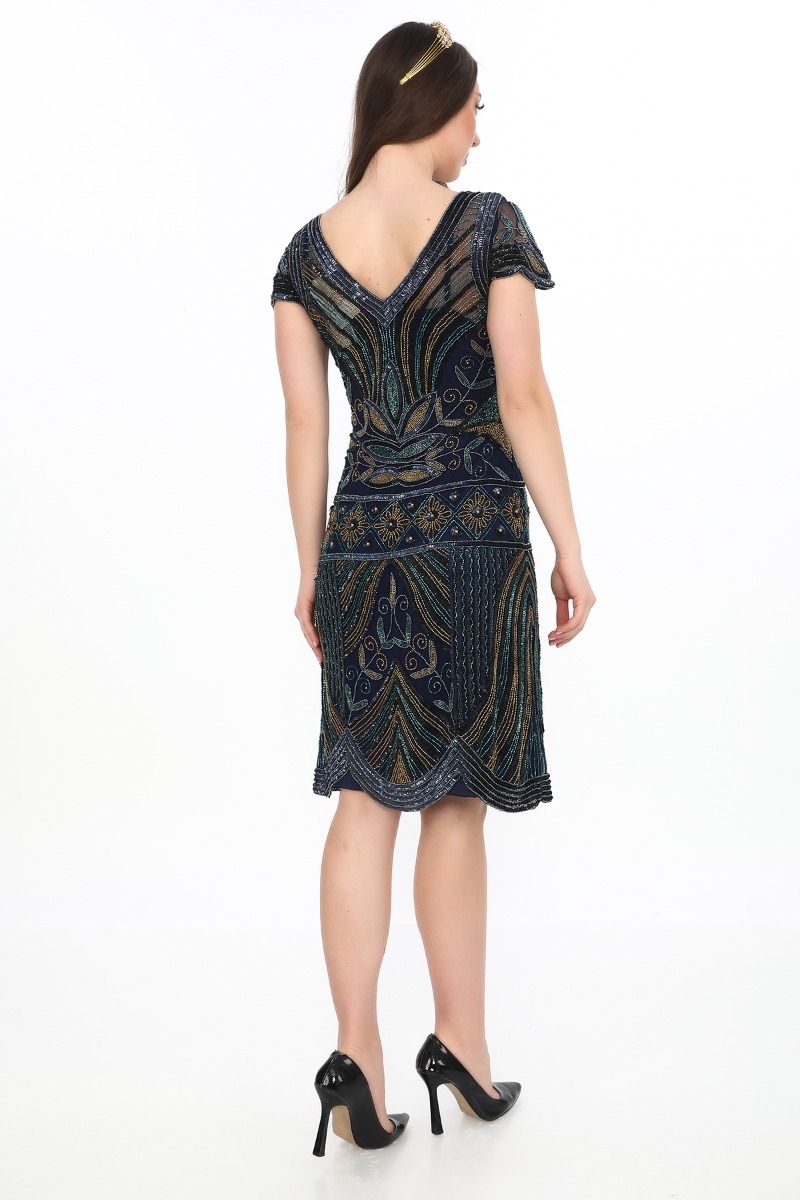 Dora Art Deco Beaded Cocktail Dress in Navy Blue by Gatsby Lady 1X / Navy
