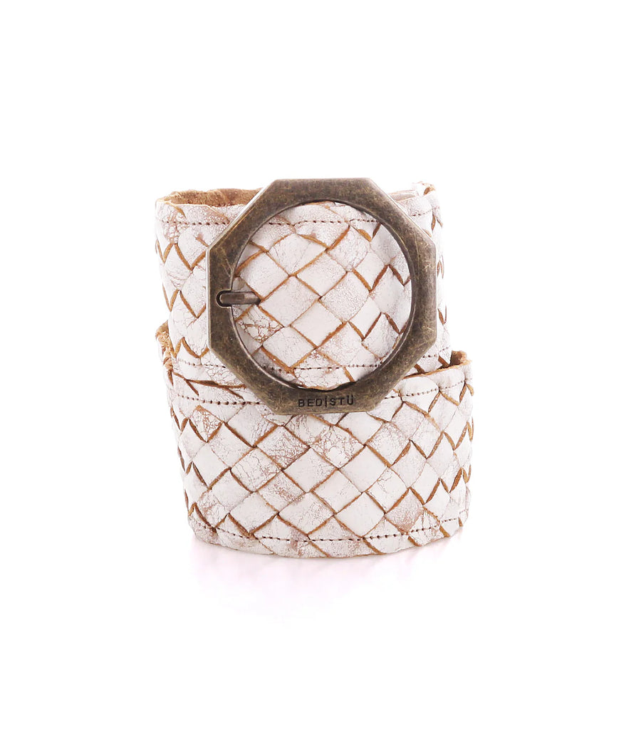 Dreamweaver Braided Belt in Nectar Lux featuring intricate weave pattern and antique brass hardware