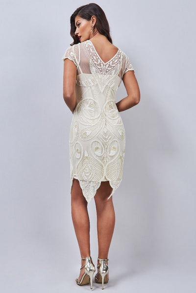 Emma Flapper Style Peacock Dress in Cream by Gatsby Lady
