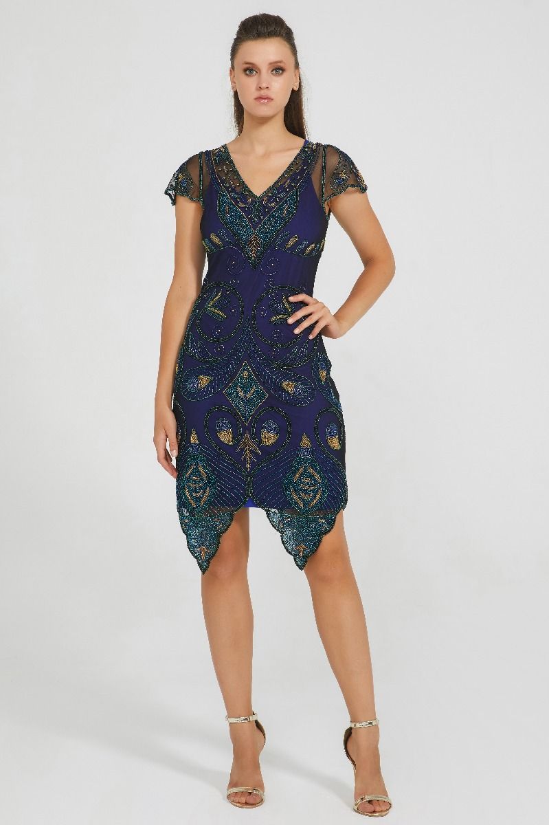 Emma Flapper Style Peacock Dress in Navy Blue by Gatsby Lady