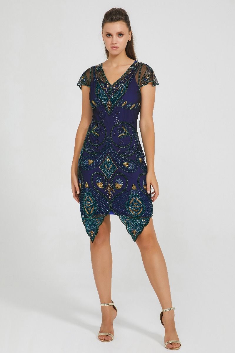 Emma Flapper Style Peacock Dress in Navy Blue by Gatsby Lady L / DarkBlue Emma Flapper Style Peacock Dress in Navy Blue by Gatsby Lady L / DarkBlue