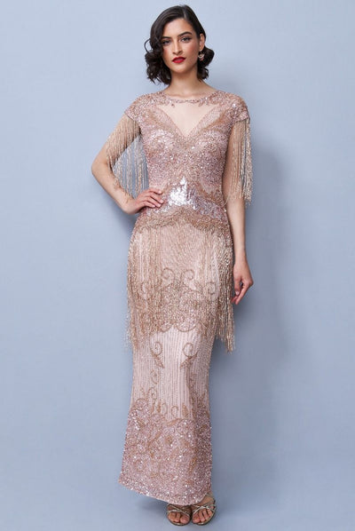 Ethel 1920s Evening Maxi Fringe Gown in Blush