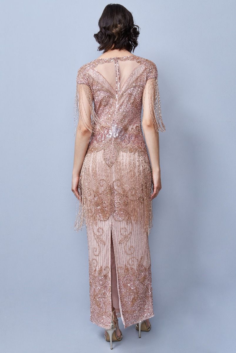 1920s rose gold dress Ethel 1920s Evening Maxi Fringe Gown in Blush by Gatsby Lady L / Pink