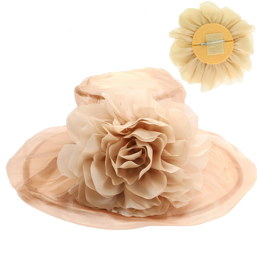 Edwardian Style Garden Party Wide Brim Hat in Champagne front view featuring a sheer organza wide brim and oversized floral accent, perfect for vintage-inspired weddings, garden parties, and Kentucky Derby attire
