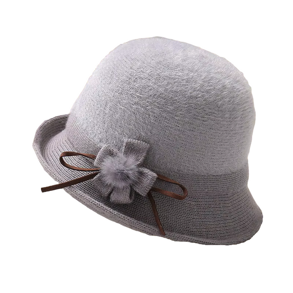 Winter Wool Knit Beanie Skull Hat - 1920s Cloche Style Bucket Cap For Women, Light Grey, Large