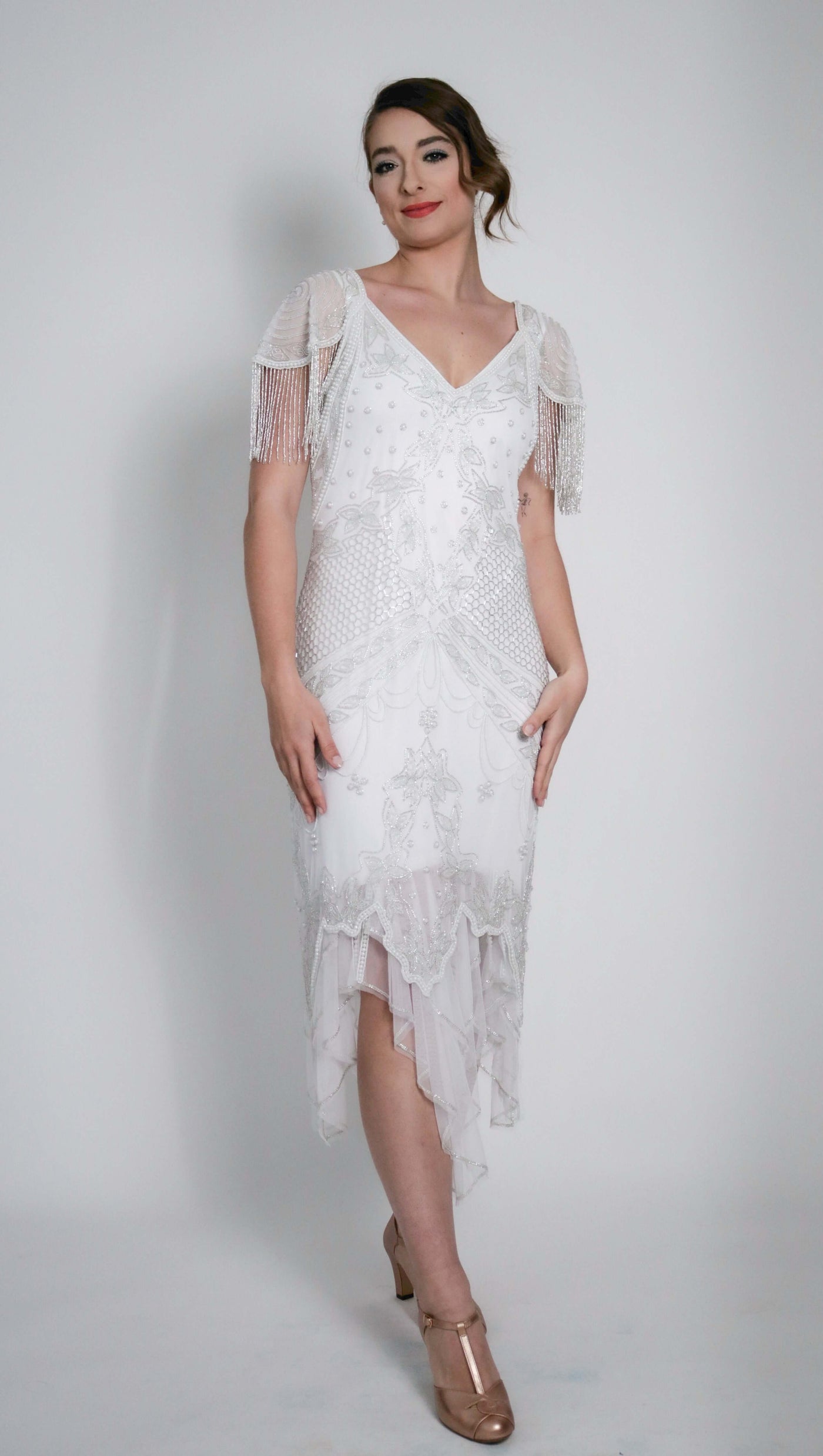 Florence Roaring 20s Beaded Dress in White by WardrobeShop