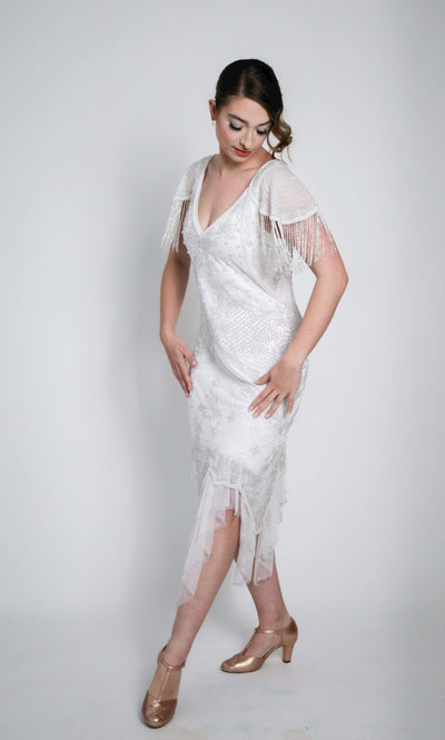 Florence Roaring 20s Beaded Dress in White by WardrobeShop