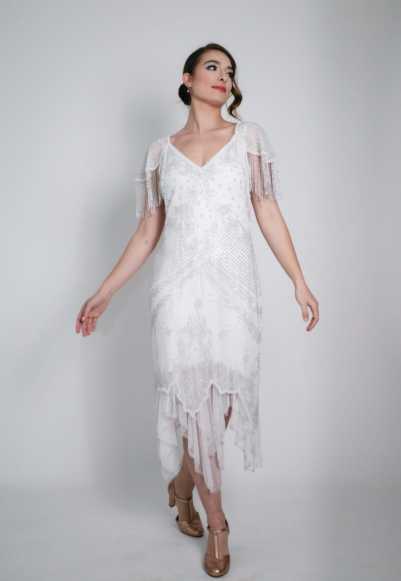 Florence Roaring 20s Beaded Dress in White by WardrobeShop