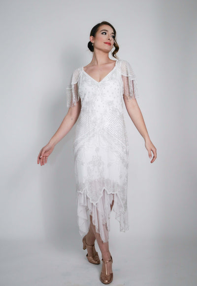 Florence Roaring 20s Beaded Dress in White by WardrobeShop
