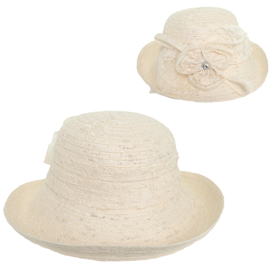 Garden Party Lace Bowler Hat in Ivory front and back views showcasing the delicate lace texture, wide brim, and romantic floral bow accent for vintage and bohemian occasion styling