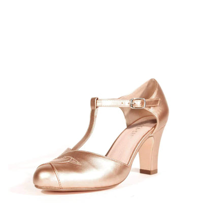 Glinda 1920s Inspired T-bar Heels in Rose-Gold