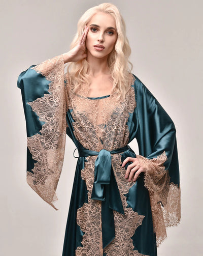 Midnight Teal Pure Silk Robe and Nightgown Set