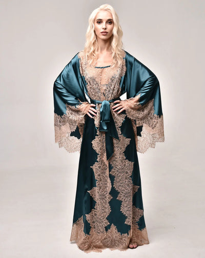 Midnight Teal Pure Silk Robe and Nightgown Set