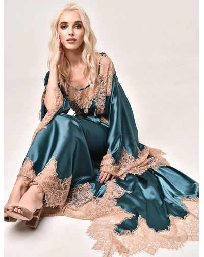 Midnight Teal Pure Silk Robe and Nightgown Set