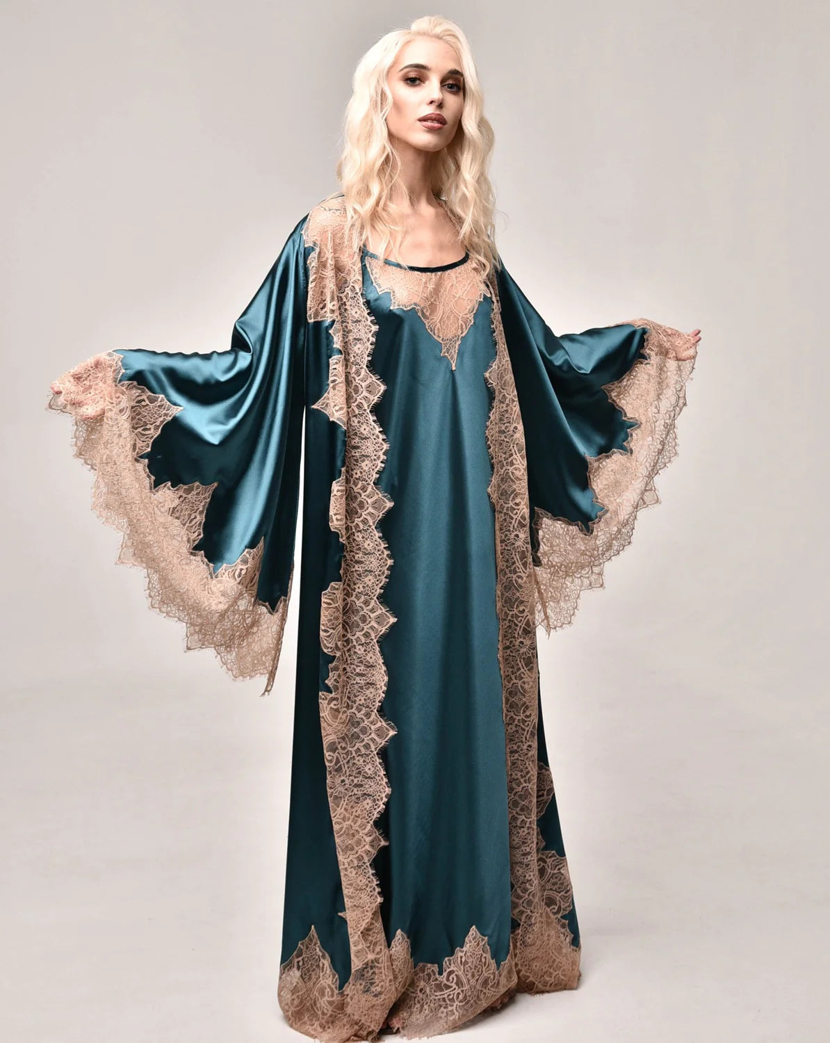 Midnight Teal Pure Silk Robe and Nightgown Set