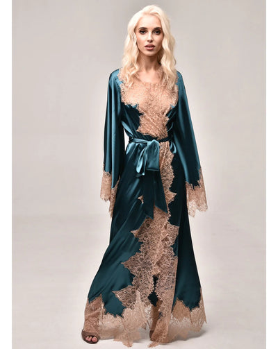 Midnight Teal Pure Silk Robe and Nightgown Set