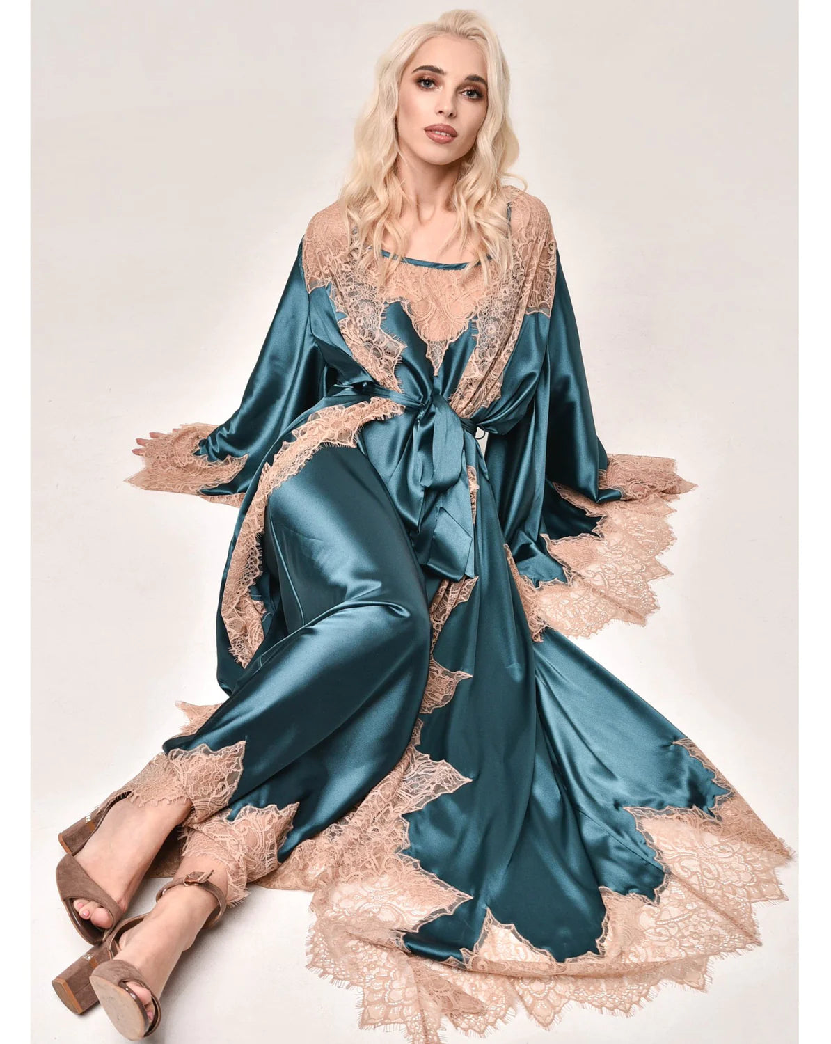 Midnight Teal Pure Silk Robe and Nightgown Set