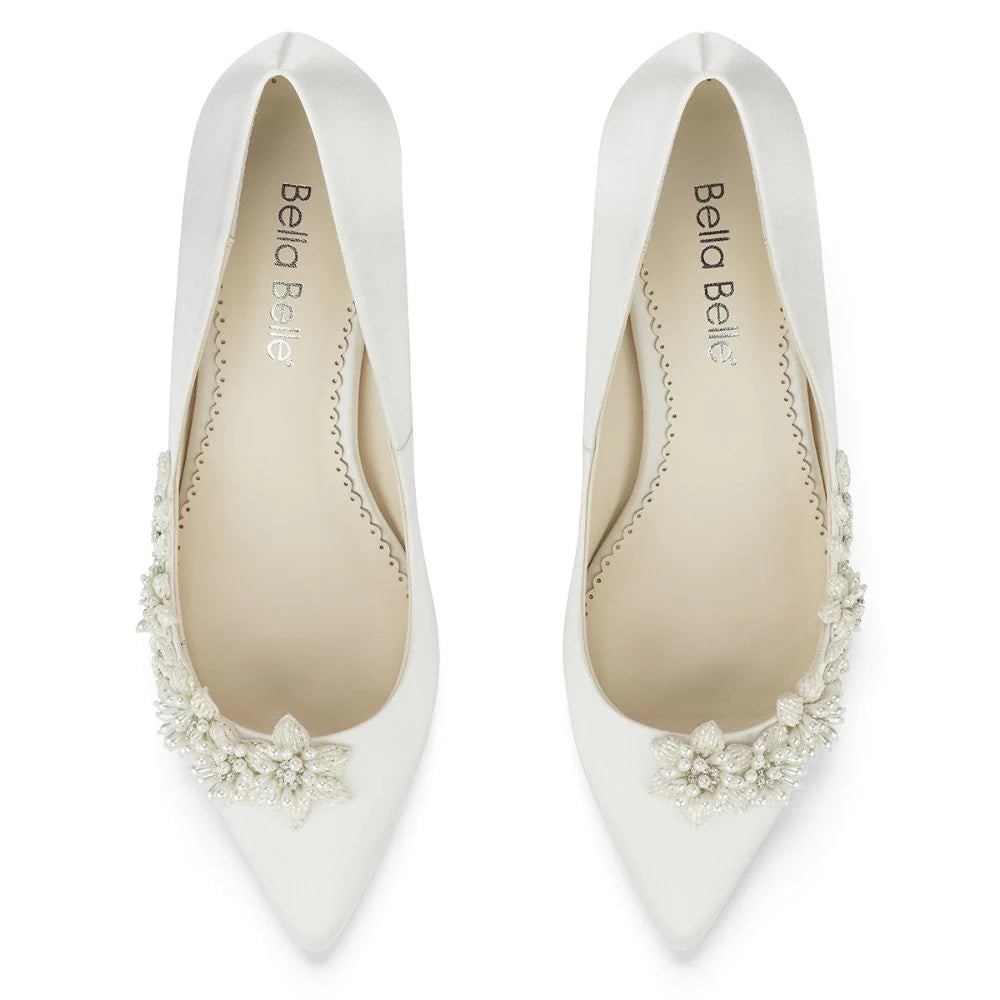 Iris Floral Ivory Kitten Heels with Pearls in Ivory by Bella Belle Shoes