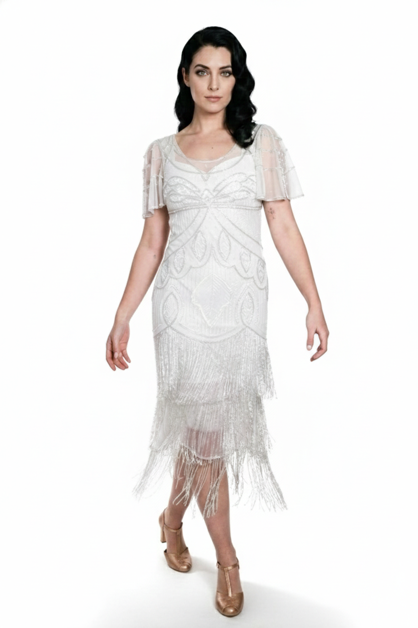 Josephine Gatsby Fringe Beaded Dress Gown in White by Nataya