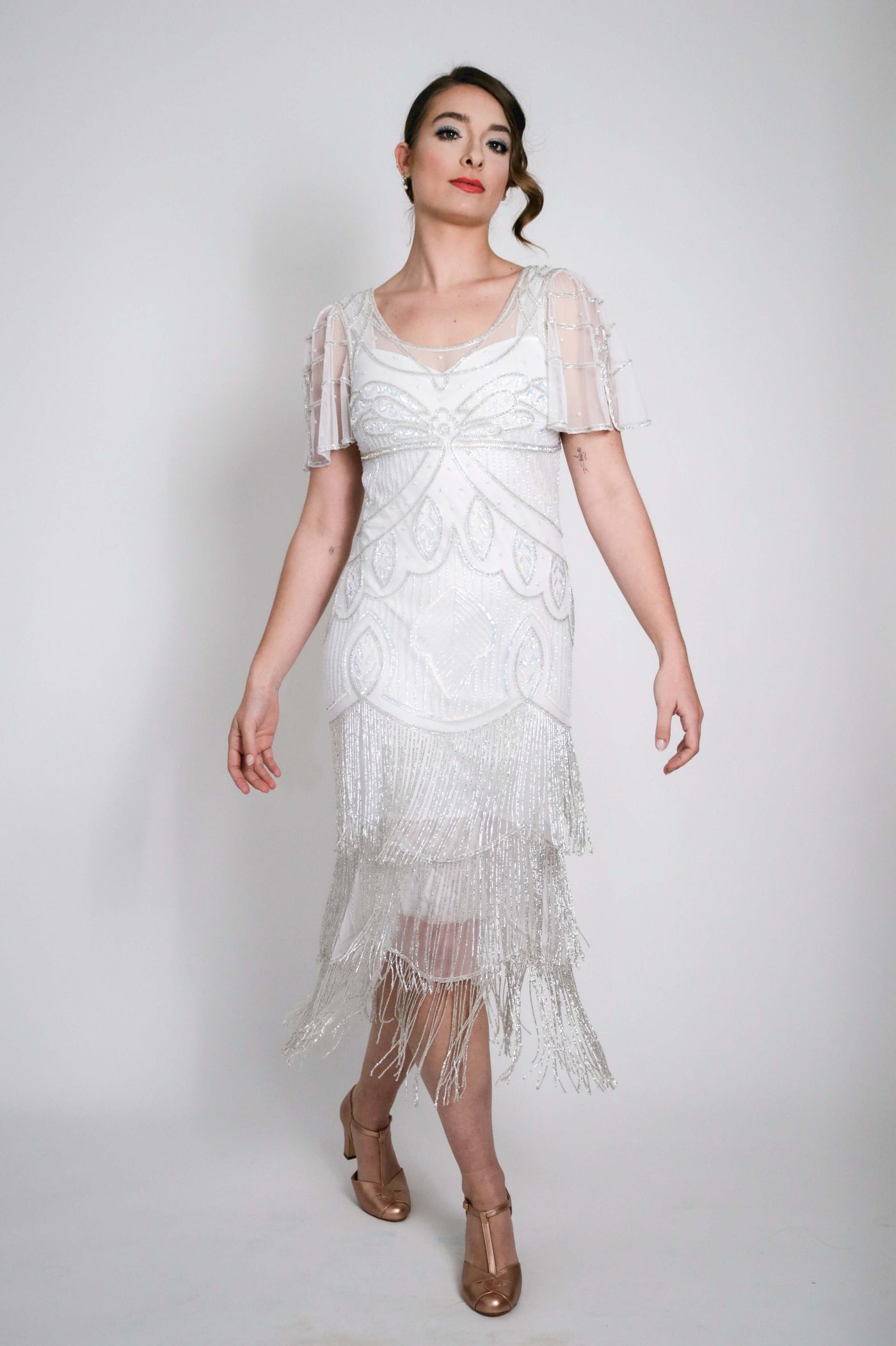 Josephine Gatsby Fringe Beaded Dress Gown in White by WardrobeShop