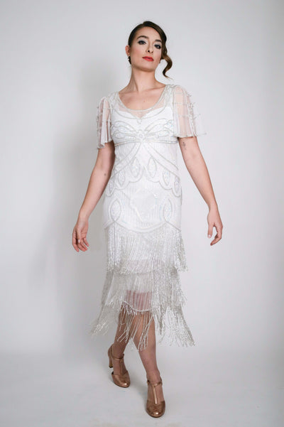 Josephine Gatsby Fringe Beaded Dress Gown in White by WardrobeShop