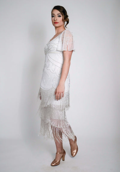 Josephine Gatsby Fringe Beaded Dress Gown in White by WardrobeShop