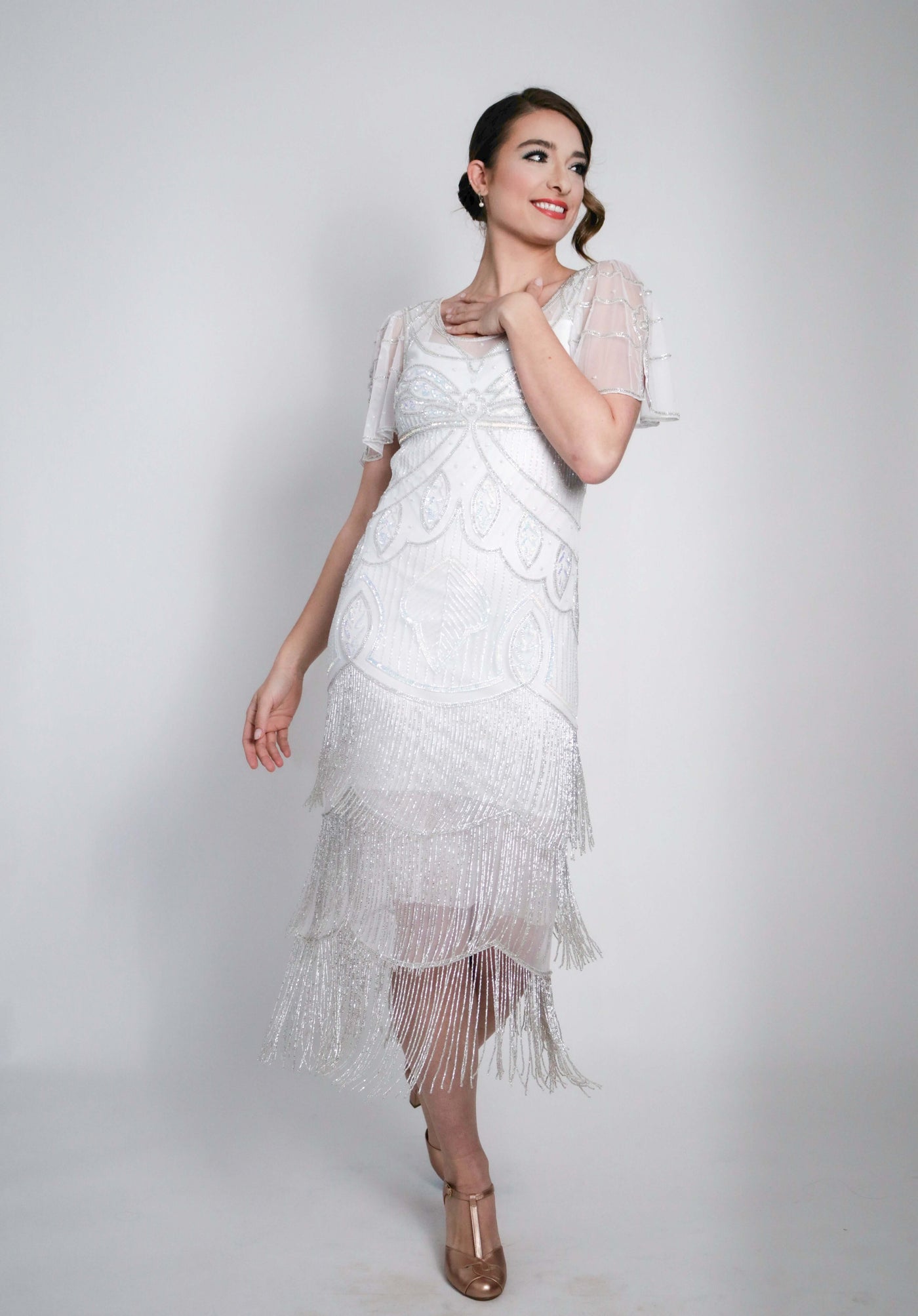 Josephine Gatsby Fringe Beaded Dress Gown in White by WardrobeShop