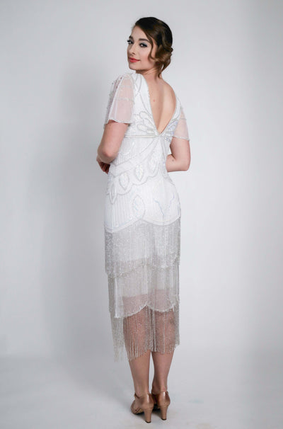 Josephine Gatsby Fringe Beaded Dress Gown in White by WardrobeShop