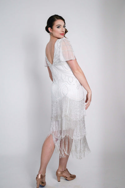 Josephine Gatsby Fringe Beaded Dress Gown in White by WardrobeShop