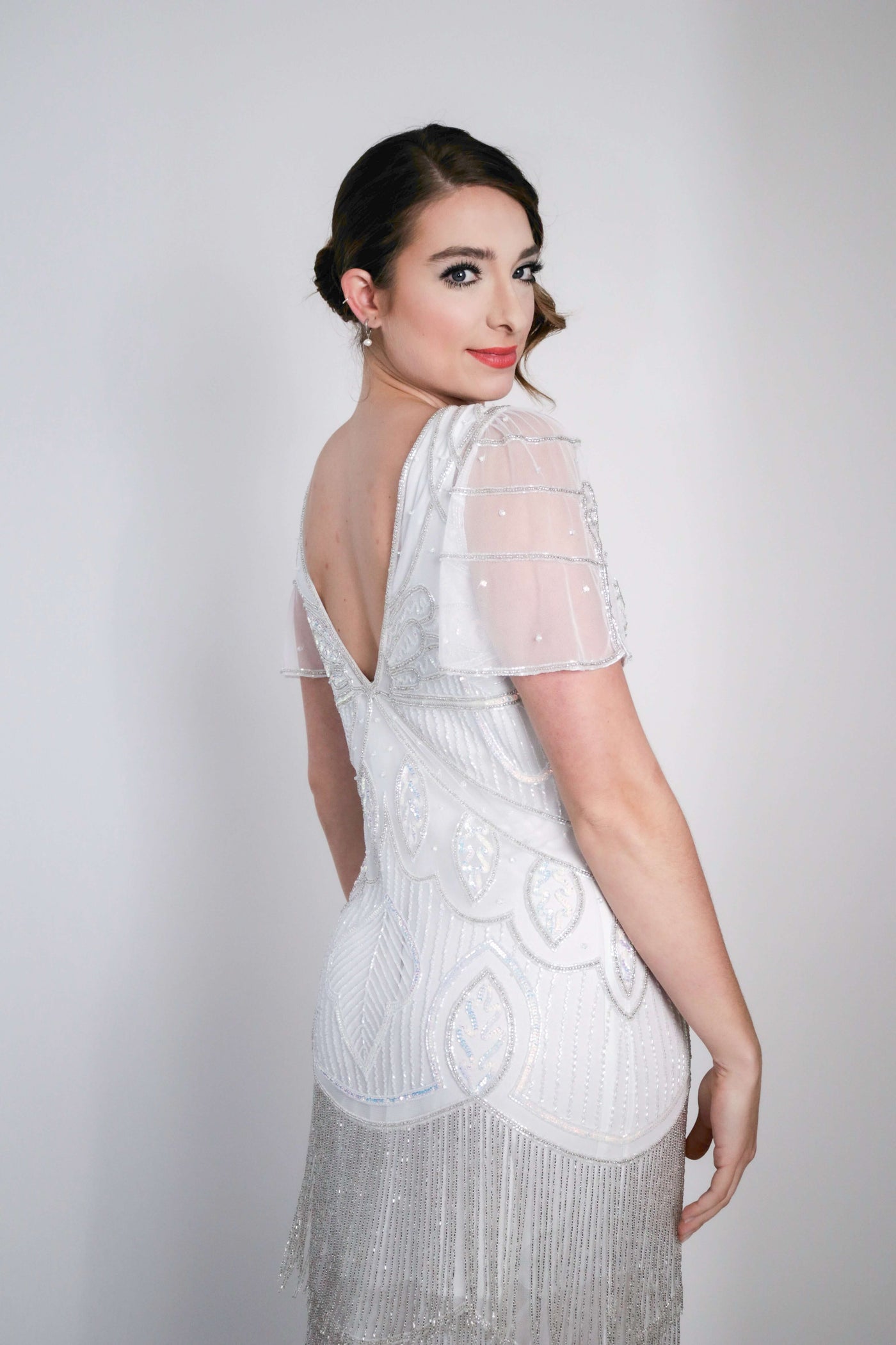 Josephine Gatsby Fringe Beaded Dress Gown in White by WardrobeShop