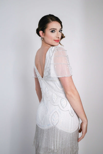 Josephine Gatsby Fringe Beaded Dress Gown in White by WardrobeShop