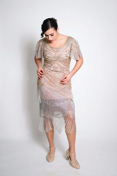 Josephine Gatsby Fringe Beaded Dress in Rose Gold-Silver by WardrobeShop