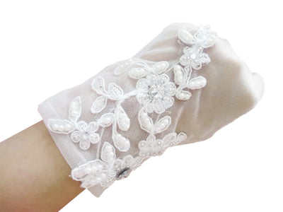 Lace Pearl and Embroidery Wedding Gloves in White