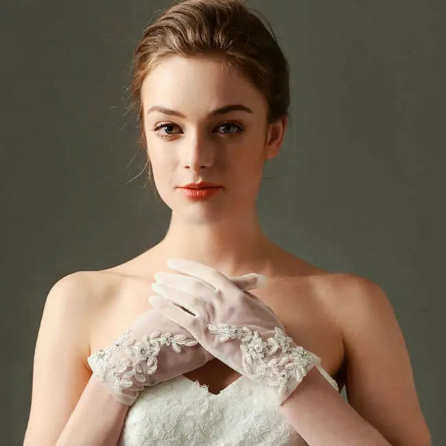 Lace Pearl and Embroidery Wedding Gloves in White Lace Pearl and Embroidery Wedding Gloves in White