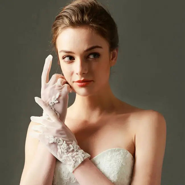Lace Pearl and Embroidery Wedding Gloves in White