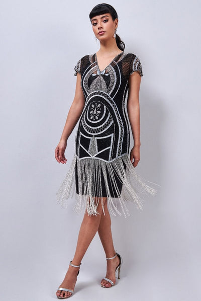 Mary Art Deco Fringe Dress in Black Silver